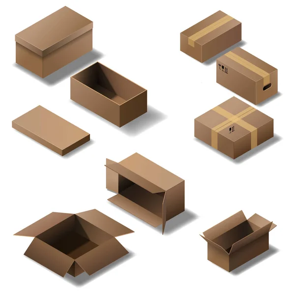 一组不同尺寸的盒子 有能力在上面刻上你的名字或标志 定单和食品的递送 网上商店和送货服务 — 图库矢量图片