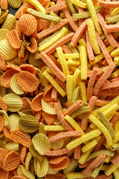 Vegetable healthy crisps, veggie chips made of broccoli, beetroot, tomatoes, spinach and carrots with sea salt