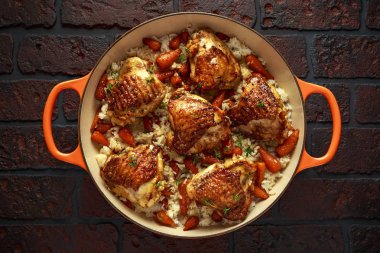 Ücretsiz aralığı Tavuk uyluk pirinç ve ballı chantenay havuç tavada sırlı