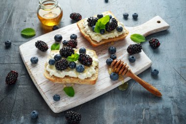 Taze tatlı böğürtlen, yaban mersini bruschetta, süzme peynir, bir beyaz tahta bal tost.