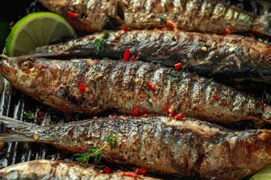 Izgara sardalya dökme demir tava üzerinde kekik, biber ve limon dilimleri ile