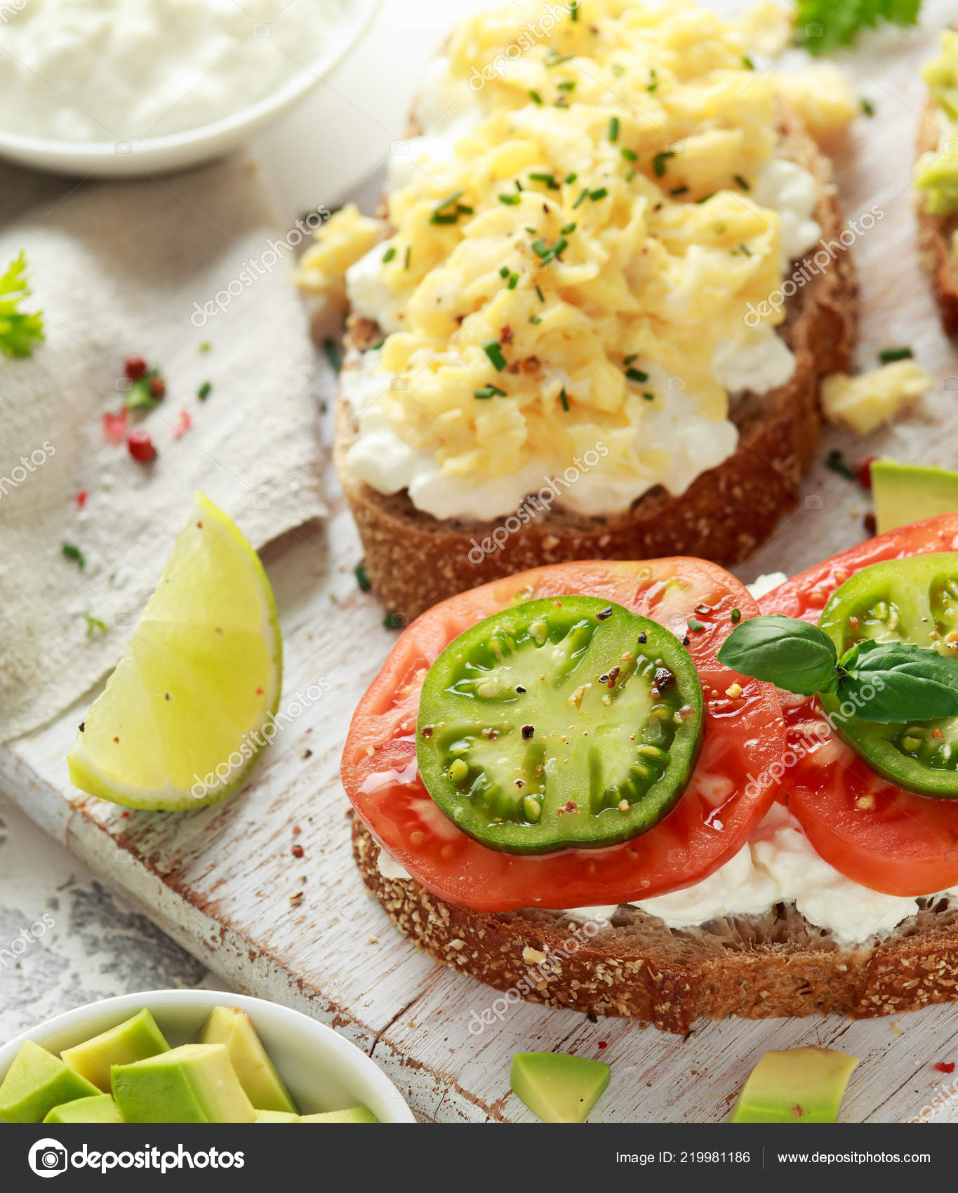 Vegetarian Healthy Bread Toasts Cottage Cheese Heirloom Tomatoes