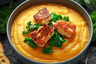 Pişmiş Balkabagi ve havuç krem çorba, haşlanmış lahana ve kızarmış halluomi.