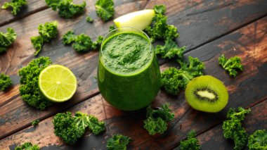 Kale, kivi, elma ve kireç ahşap masa üzerinde yeşil smoothies.