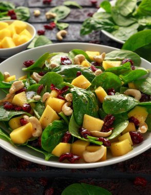 Kurutulmuş cranberries ve fındık ile Mango ıspanak salatası. sağlıklı gıda
