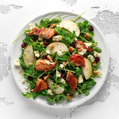 Armut, mavi peynir, kızılcık ve ceviz tavuk salatası. kavram sağlıklı gıda