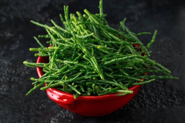 Siyah zemin üzerine kırmızı bir kase taze samphire