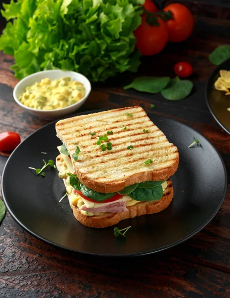 Sandwich with ham, cheese, tomatoes, spinach, corn, mayonnaise, mustard, gherkins, toasted bread and potato chips.