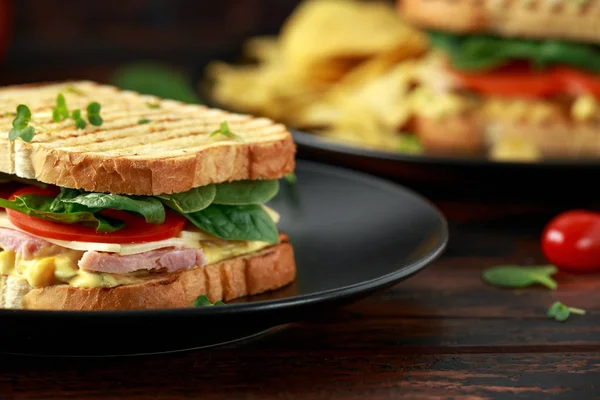 Sandwich with ham, cheese, tomatoes, spinach, corn, mayonnaise, mustard, gherkins, toasted bread and potato chips.