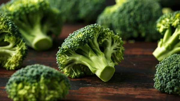 Gesunder grüner Brokkoli auf rustikalem Holztisch. — Stockfoto