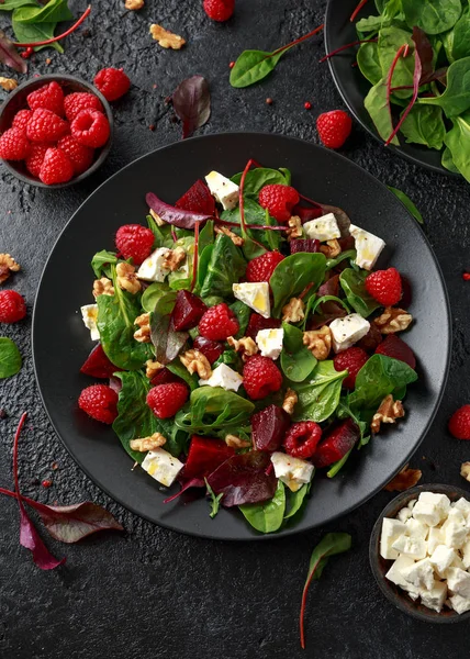 Healthy Beet Salad with raspberry, walnuts nuts and feta cheese