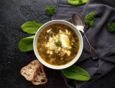 Ekşi krema ve sert haşlanmış yumurta ile Geleneksel Rus Sorrel çorbası.