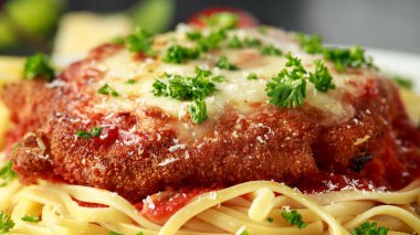 Peynir ve marinara sosu ile tavuk parmesan spagetti, makarna üzerinde servis