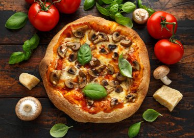 Ahşap masada fesleğen, domates, mozzarella ve parmesan peyniri ile Sıcak Mantar Pizza. yemeye hazır. vejetaryen gıda