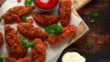 Ahşap tahta üzerinde bira, ketçap ve mayonez ile Ekmekli tavuk şeritler