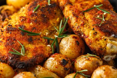 Taze pişmiş ekmekli tavuk Kievs rustik dökme demir tavada gevrek pişmiş biberiye patates ile servis, tava