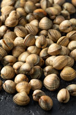Kalp şeklinde kabukları taze çiğ cockle yumuşakçalar, koyu arka plan üzerinde deniz ürünleri kabuklu deniz ürünleri