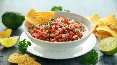 Limon, kırmızı soğan, jalapeno biber, maydanoz ve tortilla cips ile beyaz kapta Meksika Domates Salsa