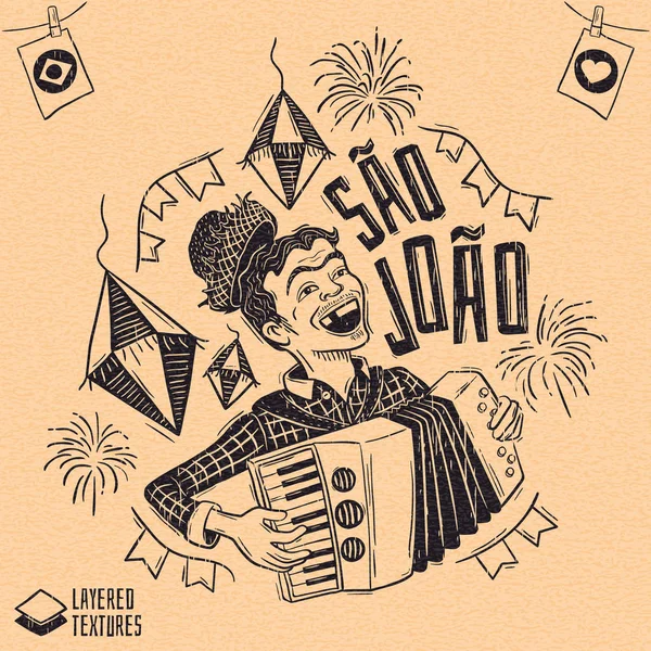 Fiesta Junio San Juan Woodcut Estilo Campesino Feliz Tocando Acordeón — Vector de stock