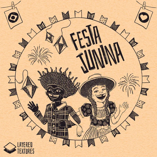 Feliz Pareja Hackers Multirraciales Saludando Fiesta Brasileña Junio Con Diversidad — Vector de stock