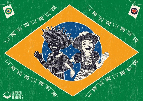 Feliz Casal Hick Multirracial Acenando Dentro Bandeira Brasileira Festa Junho — Vetor de Stock