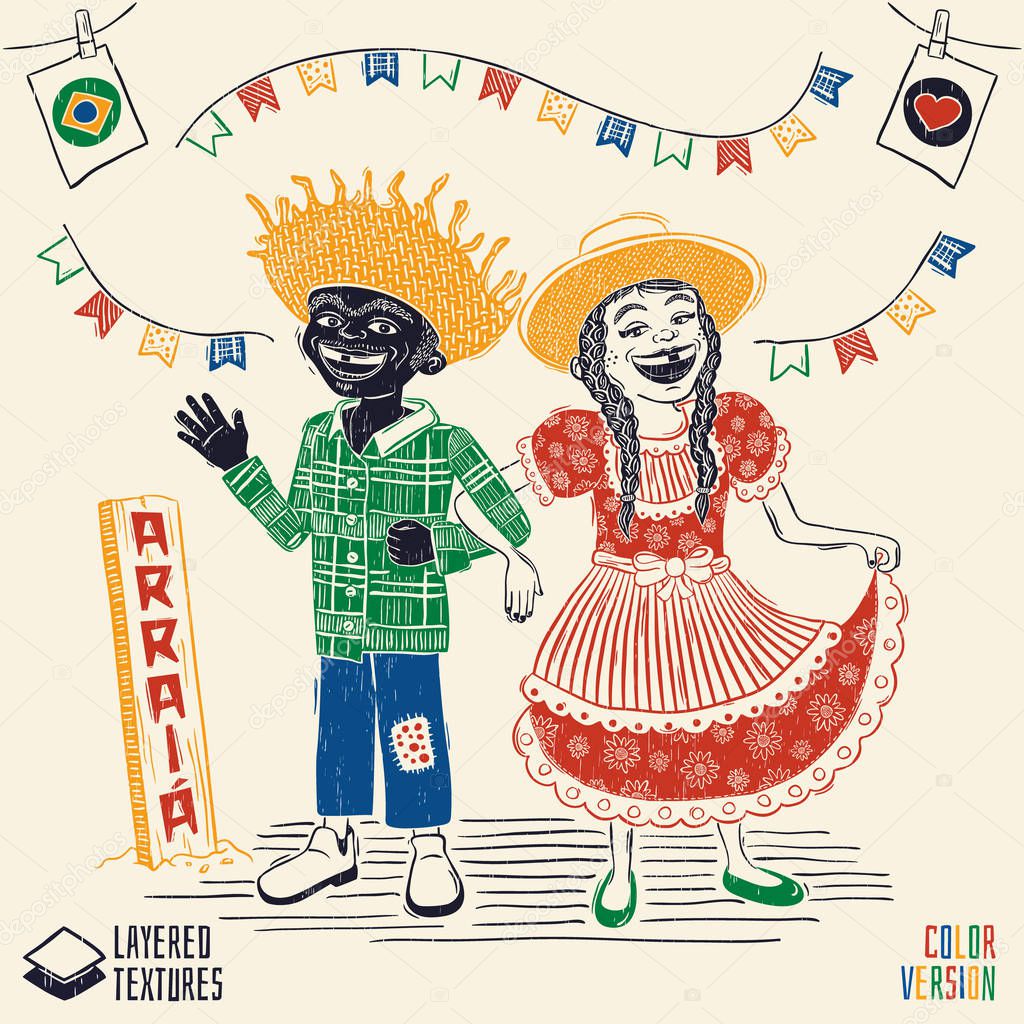 Arraia (means village; also name June Parties) - Happy multiracial hick couple - Brazilian June Party with diversity. Detailed vector for june party themes. Removable wood texture. Made in Brazil with love.