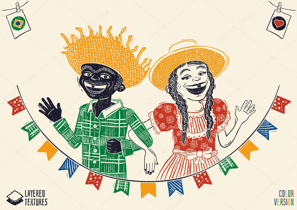 Happy multiracial hick couple waving over flags - Brazilian June Party with diversity. Detailed vector for june party themes. Removable wood texture. Made in Brazil with love.