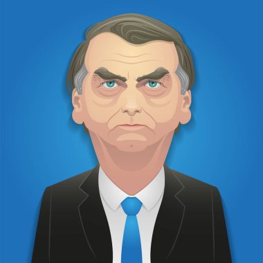 17 Ekim 2018 - Jair Bolsonaro karikatür. Mavi arka plan üzerinde sağ-kanat aday.