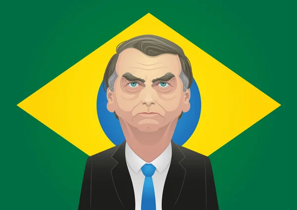 2018 ヤイル Bolsonaro 似顔絵 ブラジル国旗の前で右翼の候補者 — ストックベクタ