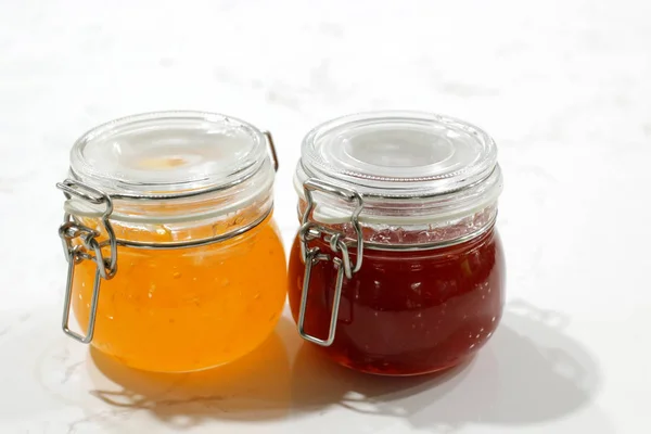Homemade Strawberry Pineapple Jam Jars White Table Breakfast — Stock Photo, Image