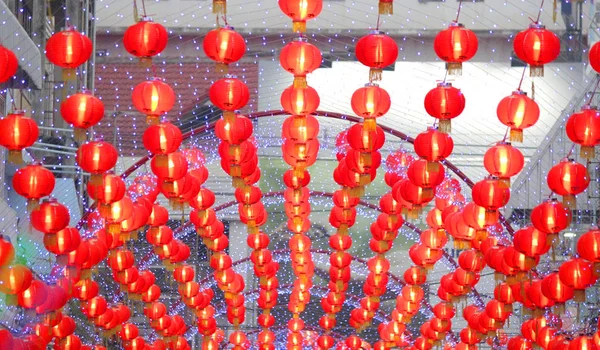 Pilha Lanterna Papel Vermelho Decorado Para Ano Novo Chinês — Fotografia de Stock