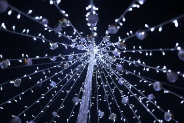 Geceleri ışıkları tarafından süslenmiş Noel ağacı