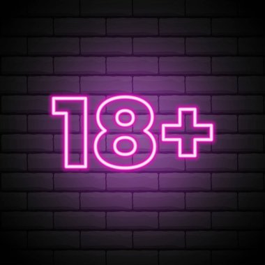 18 yaş üstü, yaş sınırı, neon tarzı imza. Sadece yetişkinler için. Gece parlak neon işareti, sembol 18 artı