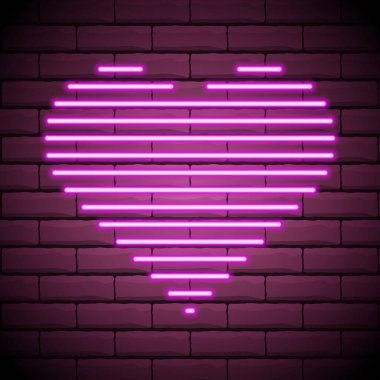 Parlak bir kalp. Neon işareti. Mor arka planda Retro neon kalp işareti. Sevgililer Günü için tasarım öğesi. Tasarımına, tebrik kartına ve afişine hazırım. Vektör illüstrasyonu