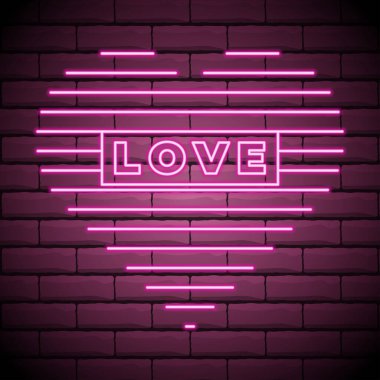 Parlak bir kalp. Neon işareti. Mor arka planda Neon Love sözcüğüyle Retro neon kalp işareti. Sevgililer Günü için tasarım öğesi. Tasarımına, tebrik kartına ve afişine hazırım. Vektör illüstrasyonu