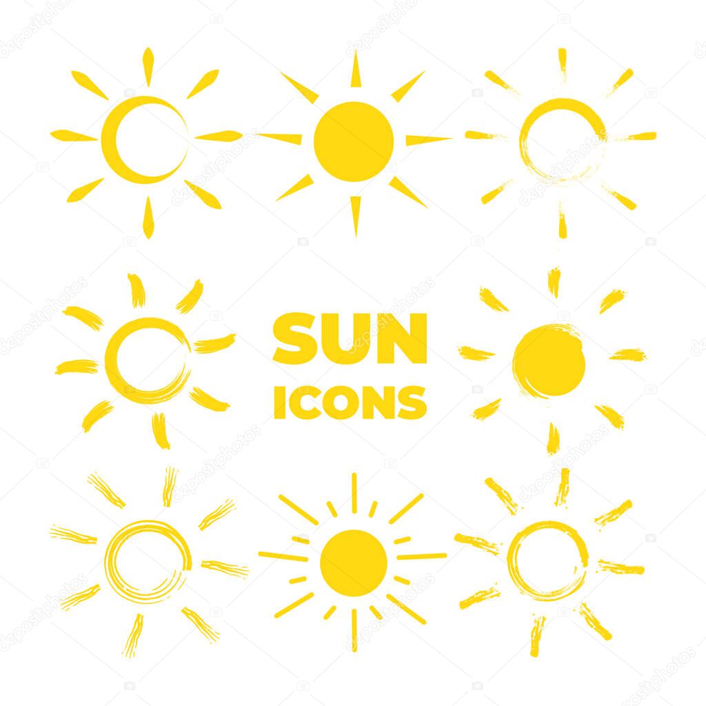 Set of yellow Sun icons collection. Vector illustration.