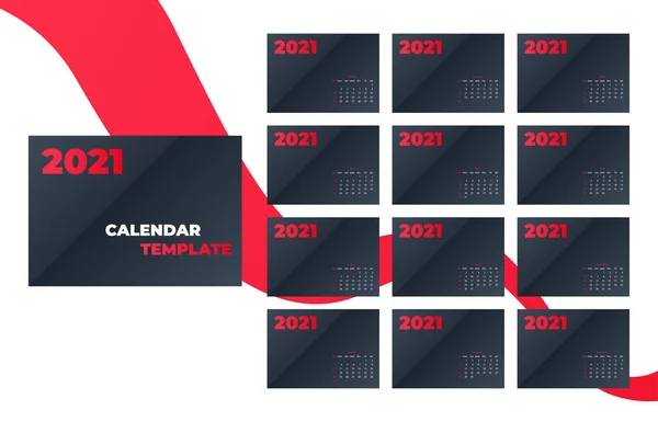 カレンダー2021テンプレートレイアウト 2021年12ヶ月の年間カレンダーセット 赤の背景 ビジネスパンフレットチラシ 印刷メディア シンプルなデザインテンプレート ベクトルイラスト — ストックベクタ