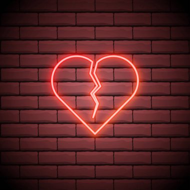 Kırık kalp neon ışığı ikonu. Kalp kırıcı parlama işareti. Gaganı kaldır. Vektör izole illüstrasyonu.