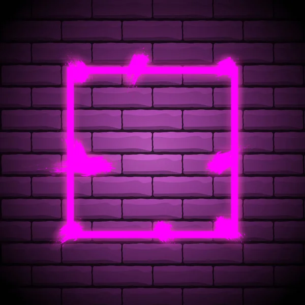 stock vector Realistic gradient neon grunge square frame. Pink colored blank template isolated on dark brick wall background. Geometric glow outline shape or laser glowing lines. Vector shining object.