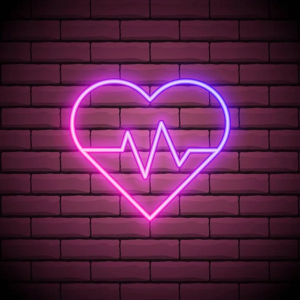 レンガの壁の背景に心臓の形をした心臓グラフでネオン医学のコンセプトサインを光る ドラッグストアや病院の明るい広告看板 ベクターイラスト — ストックベクタ