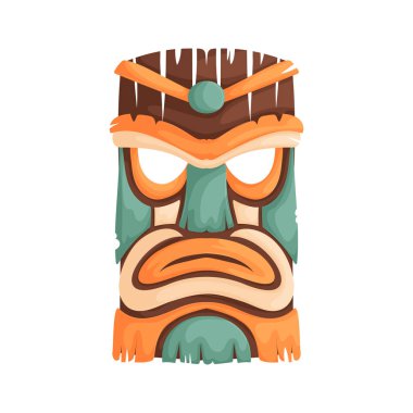 Çizgi film tarzı, çok katmanlı oyma. Kabataslak dokular ve geometrik şekillerle soyut bir yüz oluşturan turuncu, kahverengi ve deniz mavisi renklerine sahiptir..