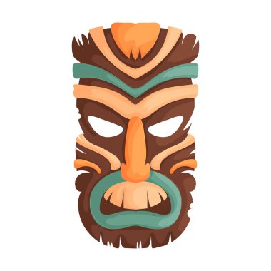 Bu, toprak tonlarını gösteren stilize bir maske çizimi. Kahverengi, ten rengi ve deniz mavisi geometrik tasarım, düz ışıklandırma ve sadeleştirilmiş formlar ile egemen olur..