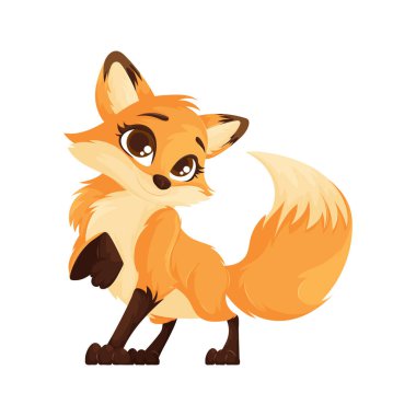 Animasyon stili bir illüstrasyon, çizgi film tilkisinin parlak, anlamlı gözleri ve tüylü kuyruğu olan turuncu ve kahverengi baskın renkler olduğunu gösterir..