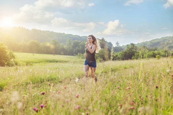 Young Woman Jogging Nature Sunset — Stock Photo, Image