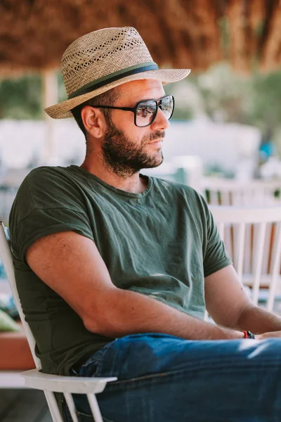 Young Man Sitting Beach Bar — Stock Photo, Image