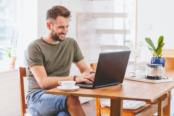 Young Successful Man Working Laptop Home — Stock Photo, Image