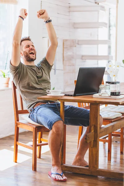 Young Successful Man Working Laptop Home — Stock Photo, Image