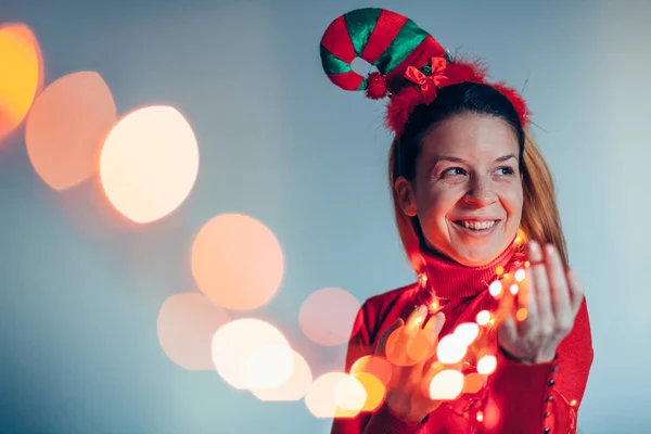 Portrait Woman Wearing Christmas Costume Holding Lights Stock Picture