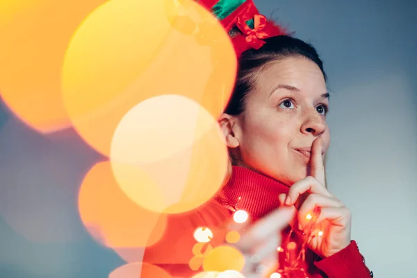 Portrait Woman Wearing Christmas Costume Holding Lights Royalty Free Stock Photos