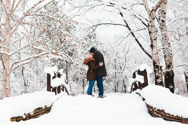 Pareja Joven Enamorada Puente Parque Invierno —  Fotos de Stock